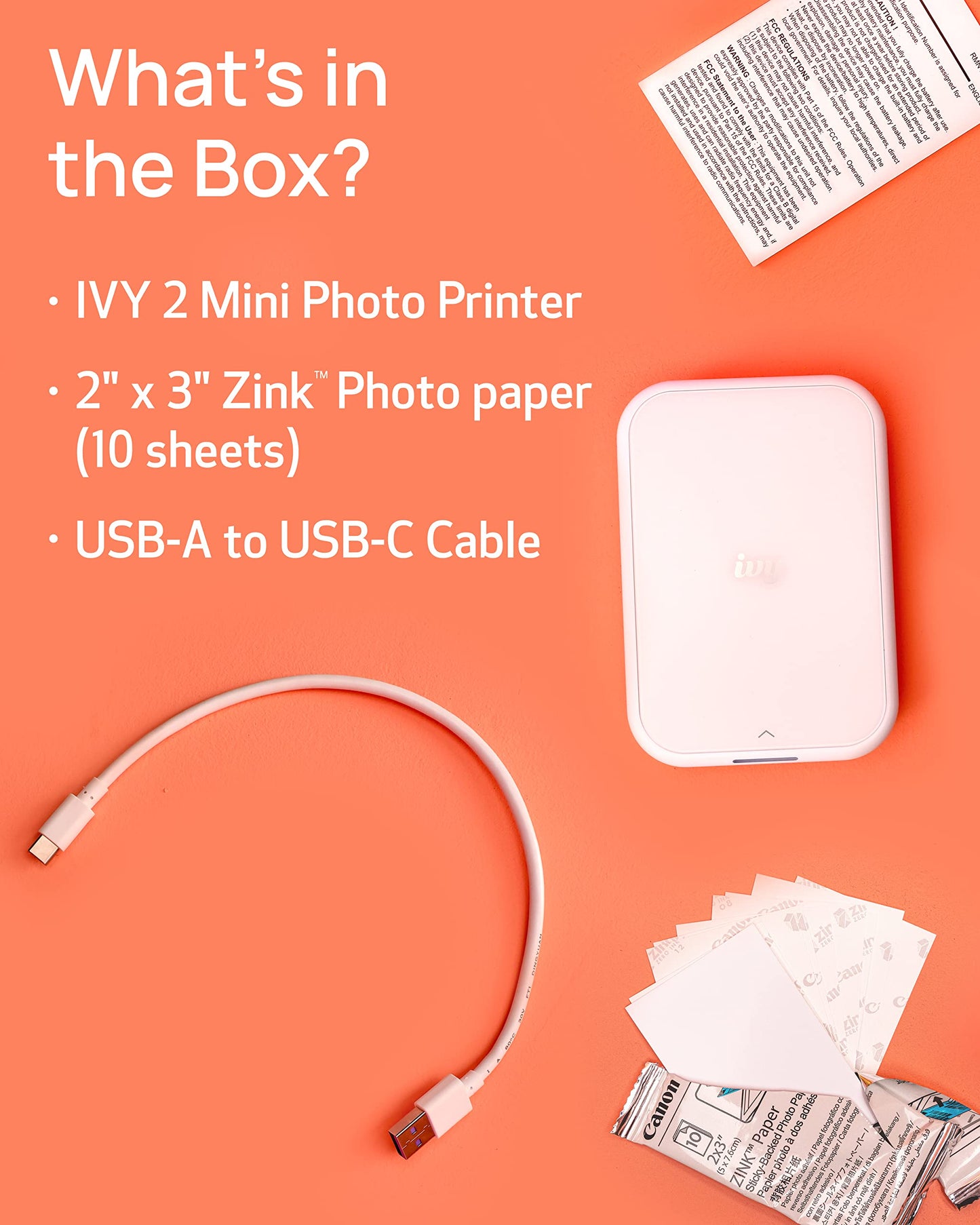 Canon Ivy 2 Mini Photo Printer, Print from Compatible iOS & Android Devices, Sticky-Back Prints, Blush Pink